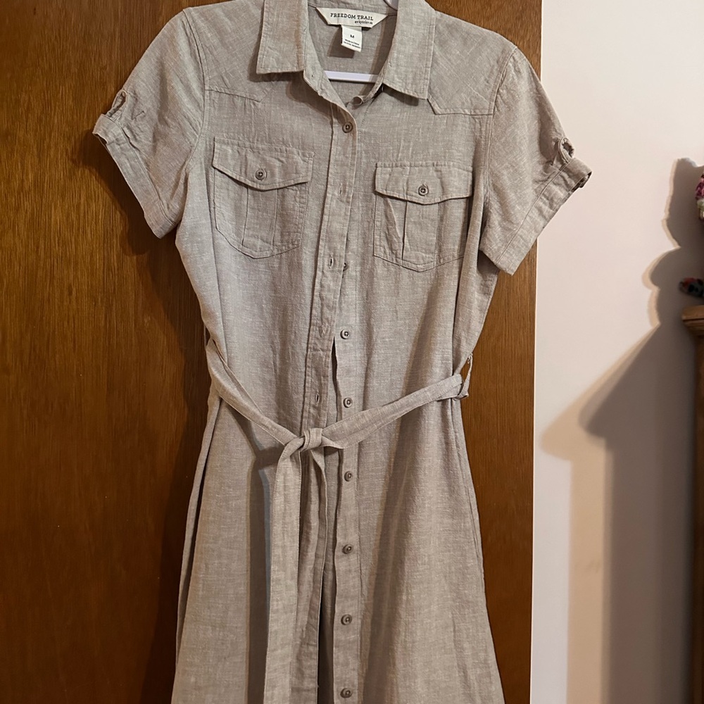 Freedom Trail Beige Button-Down Midi Linen Dress